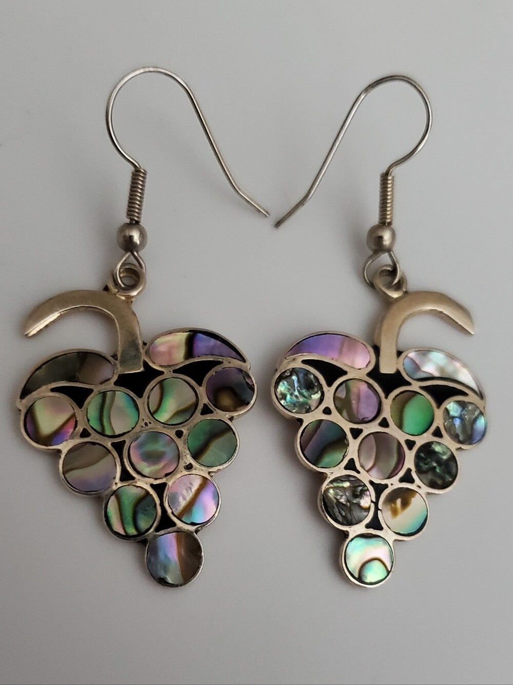 Vintage Alpaca Mexico Grapes Abalone Earrings Signed Estate 70's Hand Crafted